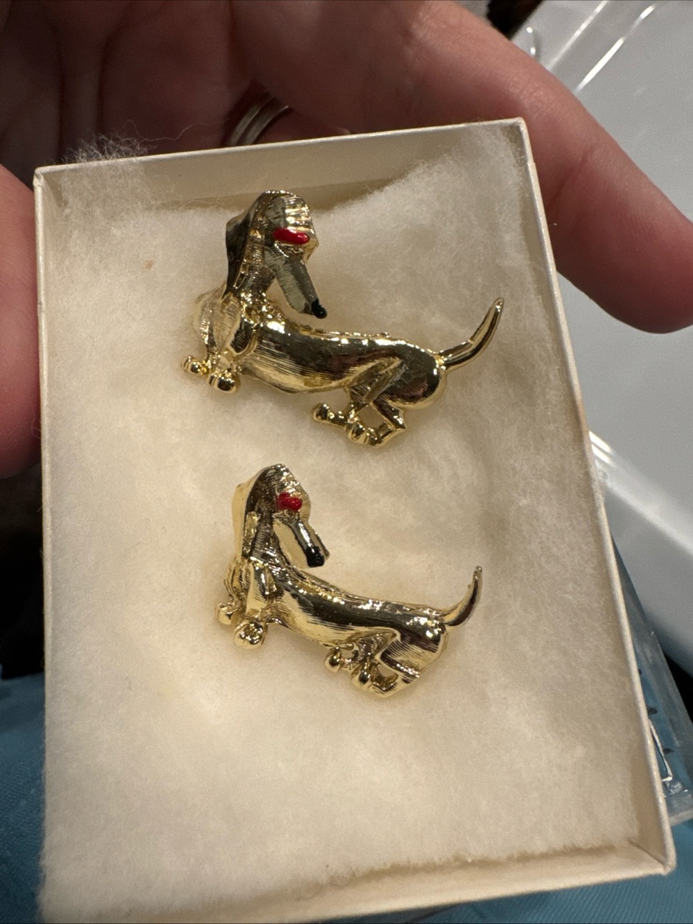 Vintage Gold Dachshund Dog Brooch Pin Duo- Red Eye Accent